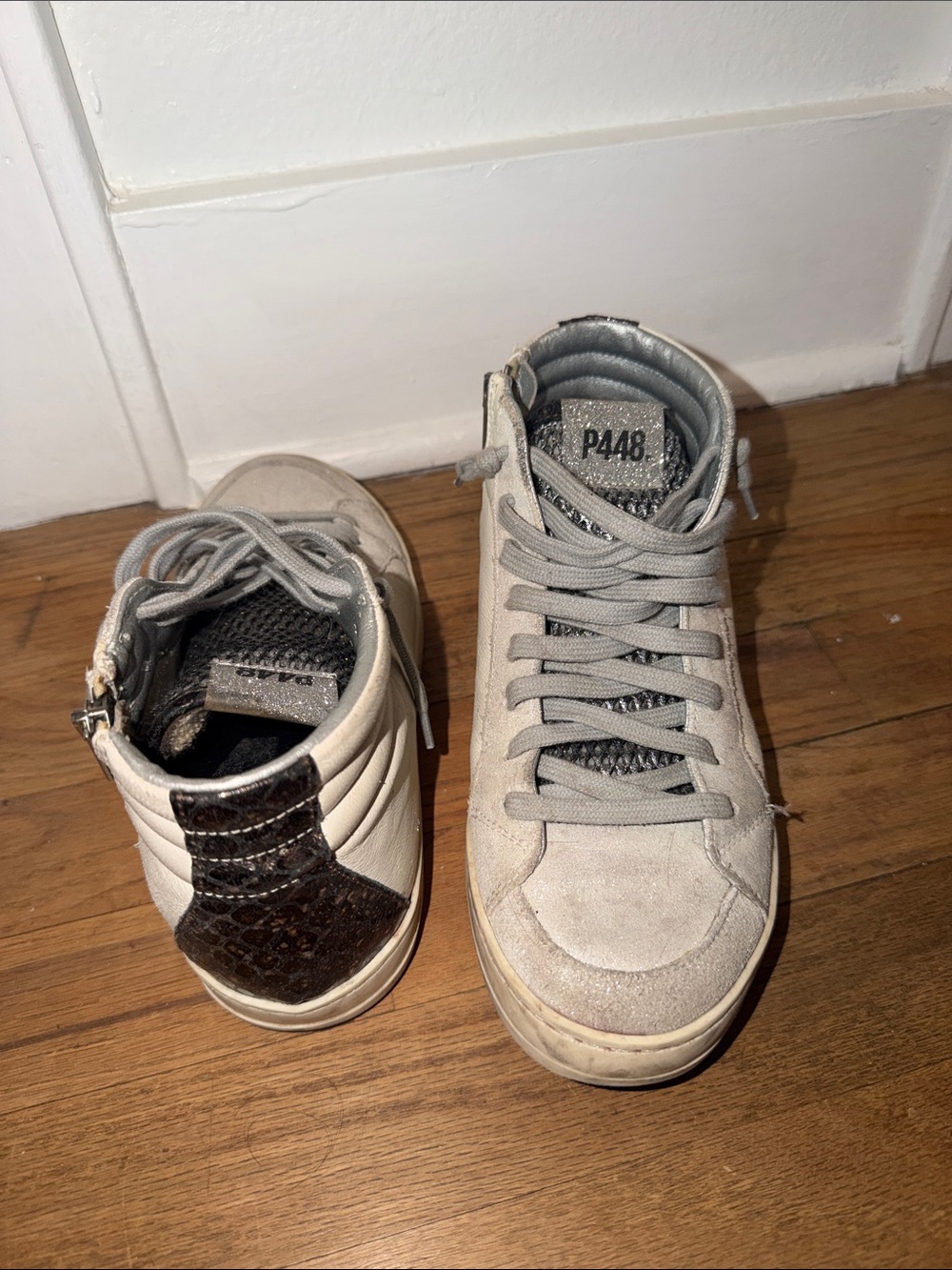 P448 Light Gray High-Top Sneakers with Sparkle Tongue